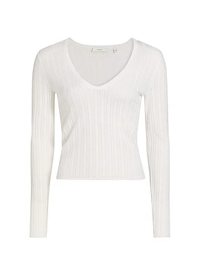 Pointelle Wool-Blend V-Neck Sweater