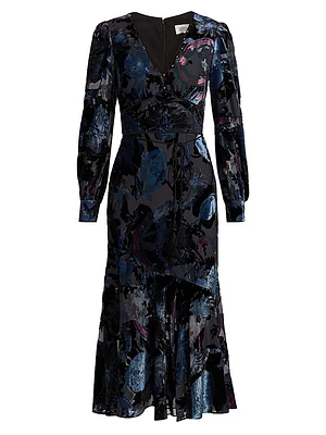 Velvet Burnout V-Neck Midi-Dress
