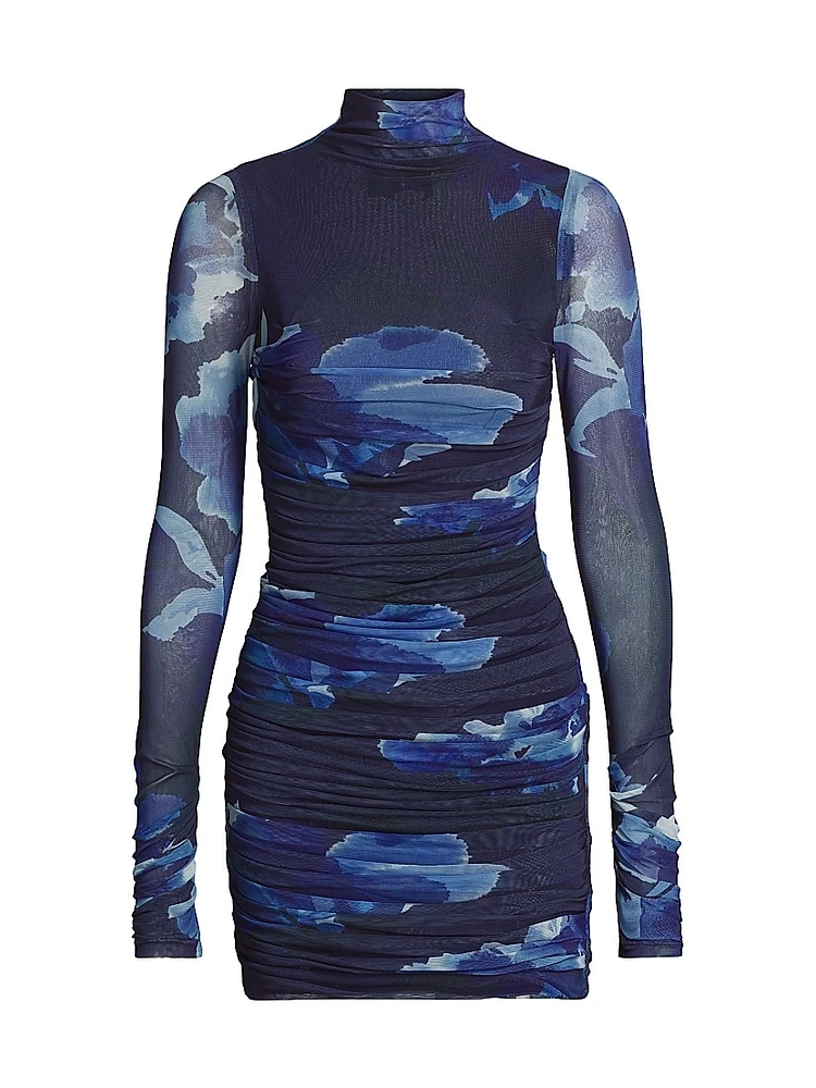 Mila Printed Ruched Mesh Minidress