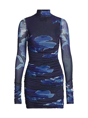 Mila Printed Ruched Mesh Minidress