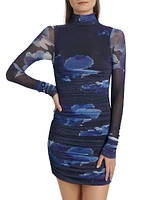 Mila Printed Ruched Mesh Minidress