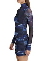 Mila Printed Ruched Mesh Minidress