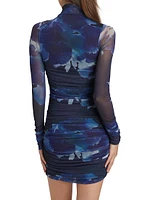 Mila Printed Ruched Mesh Minidress
