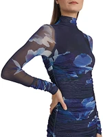 Mila Printed Ruched Mesh Minidress