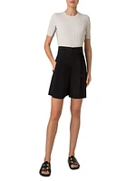 Fitted Cotton Rib-Knit Short-Sleeve Sweater