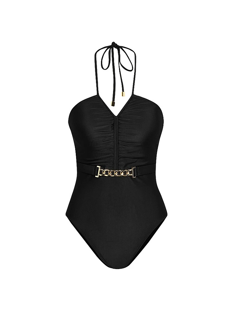 Solids Leila Ruched Halterneck One-Piece Swimsuit