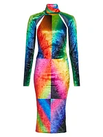 Spectral Gradient Velvet Cutout Midi-Dress