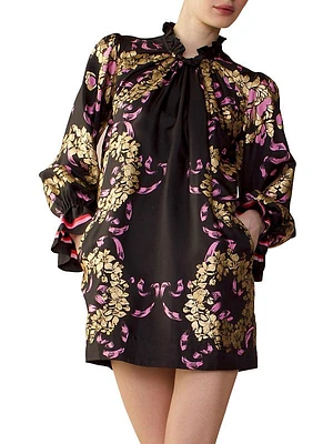 Floral Silk Long-Sleeve Minidress