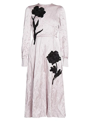 Satin Floral Long-Sleeve Midi-Dress