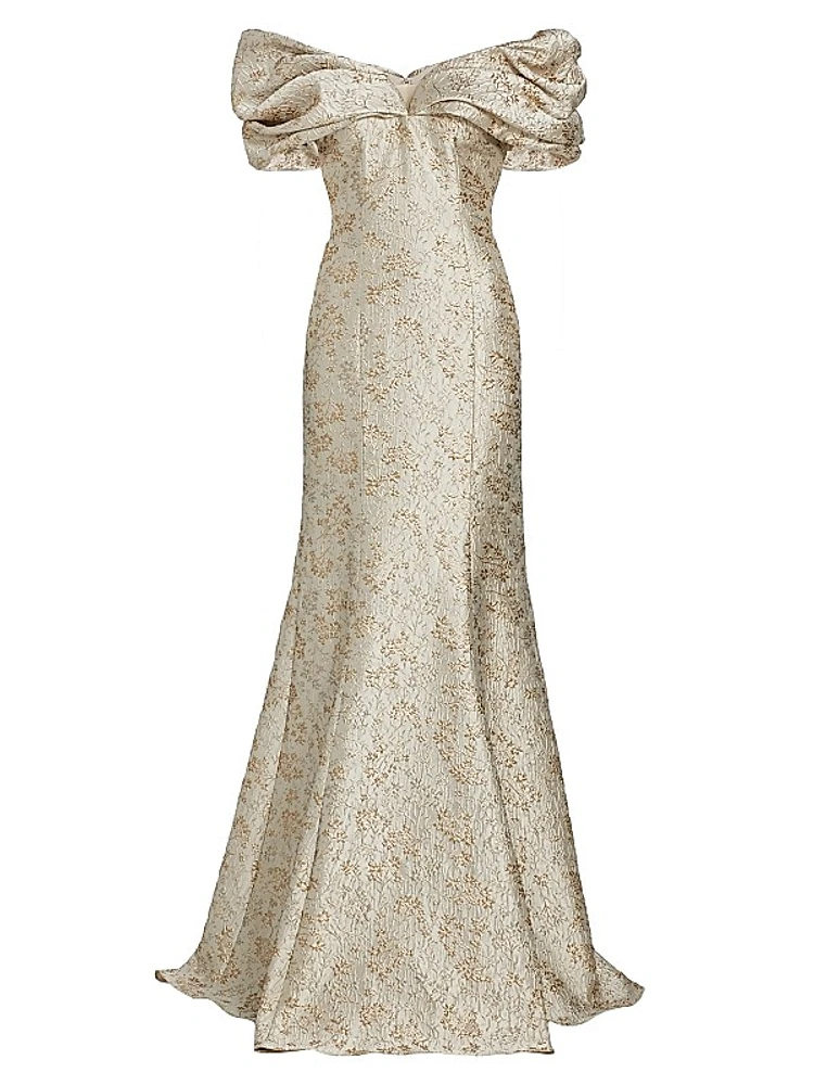 Metallic Jacquard Off-The-Shoulder Gown