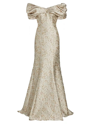 Metallic Jacquard Off-The-Shoulder Gown