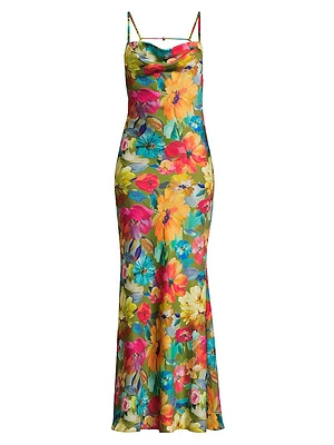 Floral Stretch Satin Column Gown