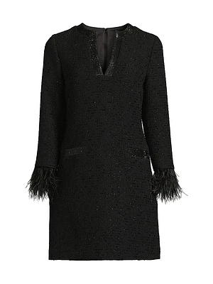 Bouclé Jacquard Feather-Cuff Cocktail Dress
