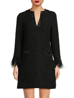 Bouclé Jacquard Feather-Cuff Cocktail Dress