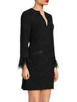 Bouclé Jacquard Feather-Cuff Cocktail Dress
