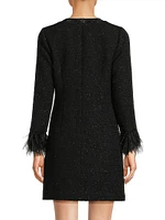 Bouclé Jacquard Feather-Cuff Cocktail Dress