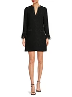 Bouclé Jacquard Feather-Cuff Cocktail Dress