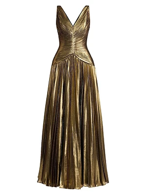 Pleated Metallic Chiffon Gown