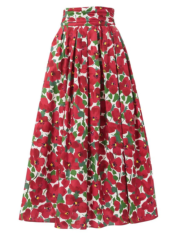 Floral Stretch-Cotton Midi-Skirt