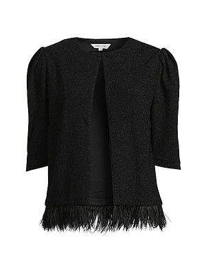 Sparkle Feather-Trim Knit Short Sleeve Jacket