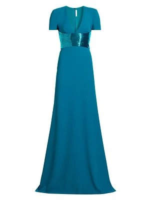 Sequined-Waist Short-Sleeve Gown