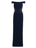 Sequined Stretch Crepe Off-The-Shoulder Gown