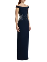 Sequined Stretch Crepe Off-The-Shoulder Gown