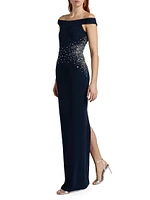 Sequined Stretch Crepe Off-The-Shoulder Gown