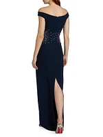 Sequined Stretch Crepe Off-The-Shoulder Gown