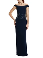Sequined Stretch Crepe Off-The-Shoulder Gown
