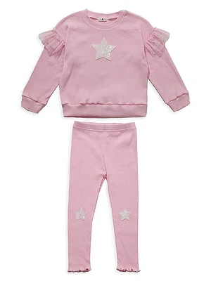 Baby Girl's, Little Girl's & 2-Piece Ribbed Star Embellished Sweatshirt Leggings Set