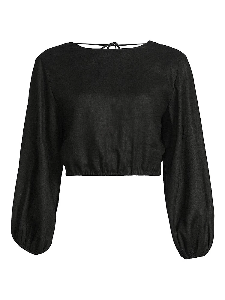 Bena Linen Puff-Sleeve Crop Top