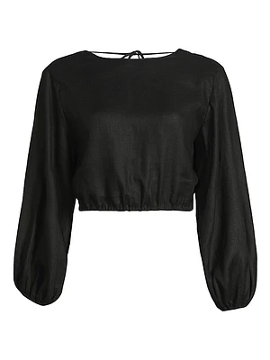 Bena Linen Puff-Sleeve Crop Top