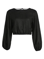 Bena Linen Puff-Sleeve Crop Top