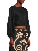 Bena Linen Puff-Sleeve Crop Top