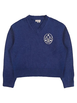 The Beginning Is End Sw-Signature Knit V-Neck-Blue