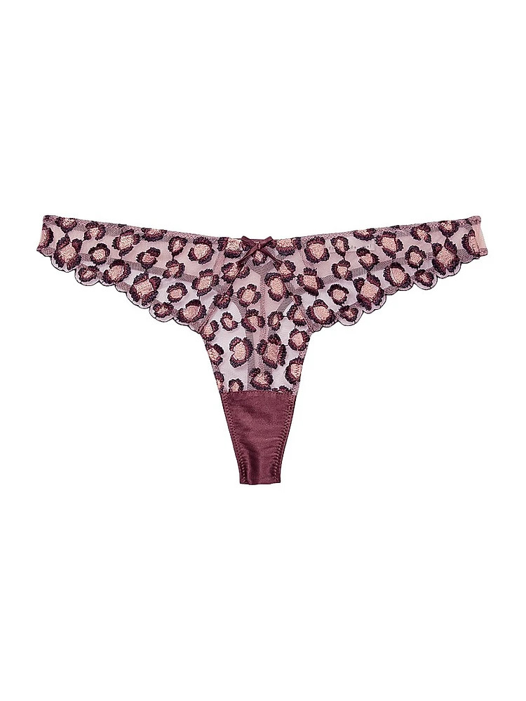 Leopard Embroidered Stretch-Silk Thong