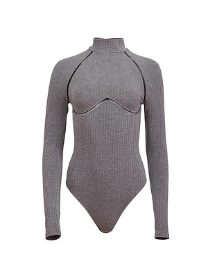 Lace Trim Rib-Knit Long-Sleeve Bodysuit