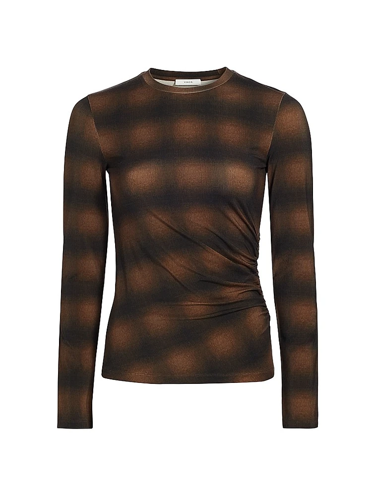 Plaid Side-Drape Long-Sleeve Crewneck Top