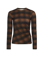 Plaid Side-Drape Long-Sleeve Crewneck Top