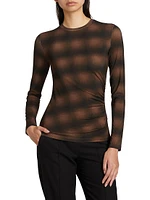 Plaid Side-Drape Long-Sleeve Crewneck Top
