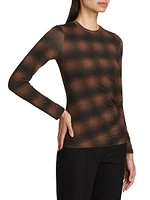 Plaid Side-Drape Long-Sleeve Crewneck Top