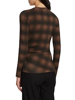 Plaid Side-Drape Long-Sleeve Crewneck Top