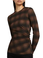 Plaid Side-Drape Long-Sleeve Crewneck Top