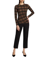 Plaid Side-Drape Long-Sleeve Crewneck Top
