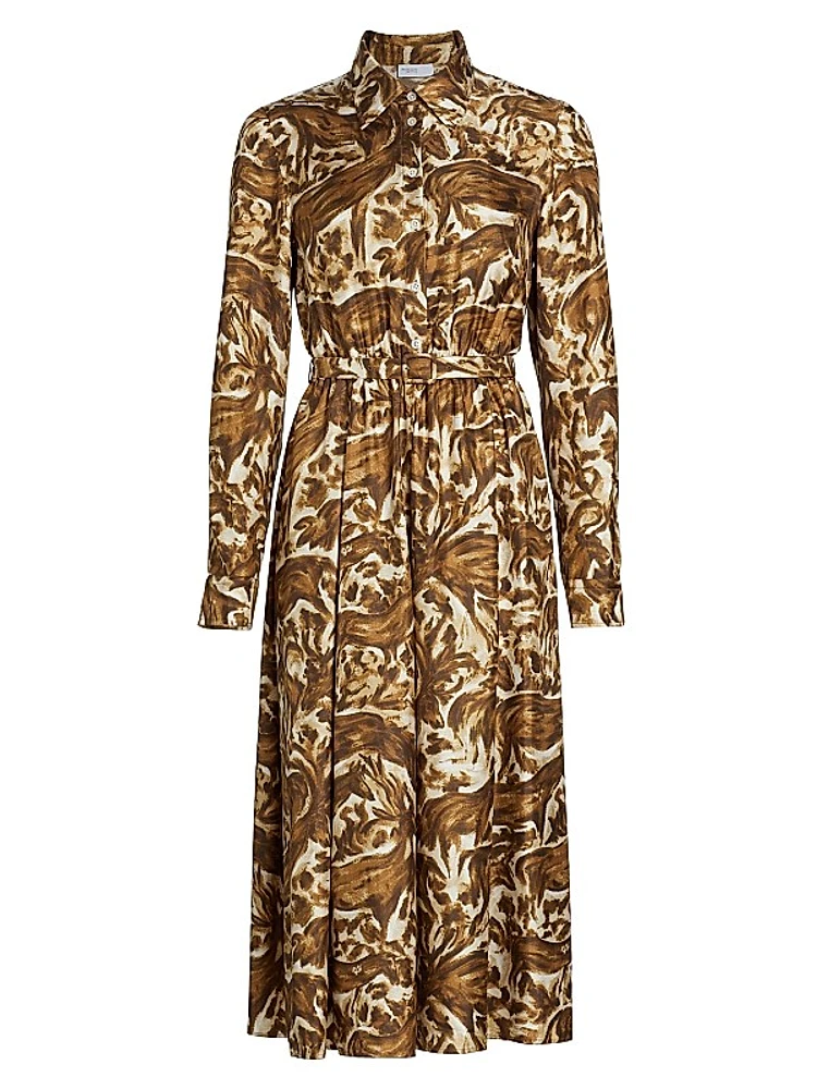 Printed Silk Pleated Midi-Shirtdress