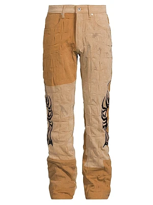 Gathered Abstract Cotton Straight-Leg Trousers