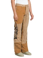 Gathered Abstract Cotton Straight-Leg Trousers