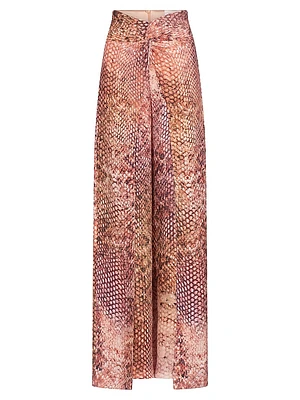 Canturipe Snake Print Satin Twist-Front Wide-Leg Pants