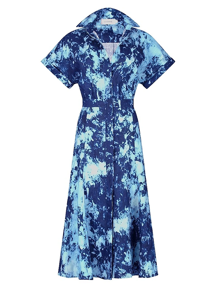 Noor Abstract Linen Short-Sleeve Midi-Dress